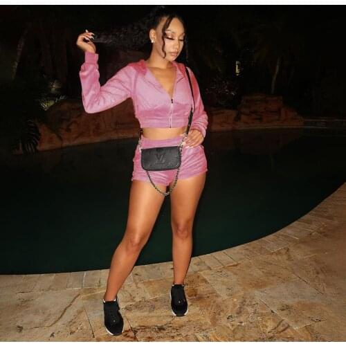 RMSFE 2021 Women Long Sleeved Hooded Zipper Fashion Korean Velvet Solid Color Coat Shorts Two-Piece Set