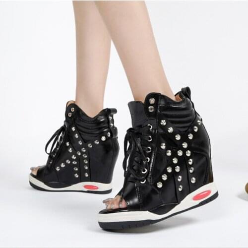 Womens Peep Toe PU Leather Sandals Rivet Studed Lace Up Sneaker Hidden Wedge Heel Shoes Shoes Summer High Top Black White B007