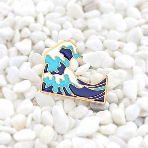 Blue wave brooch Flowing waves with white and blue tsunami Enamel Buckle Metal brooch Cute gift for children