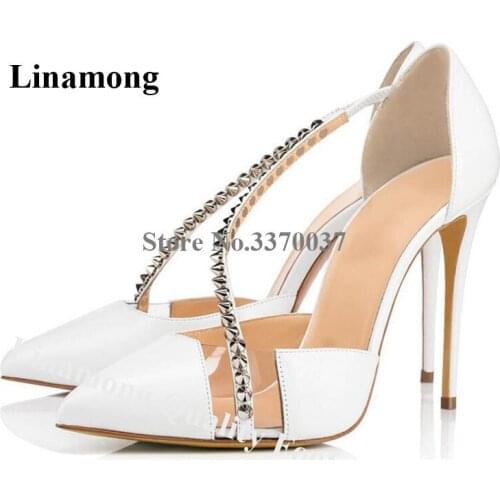 Brand Design Women Pointed Toe Spike Straps PVC Stiletto Heel Pumps White Black Cut-out Rivet Patchwork High Heels Wedding Shoes