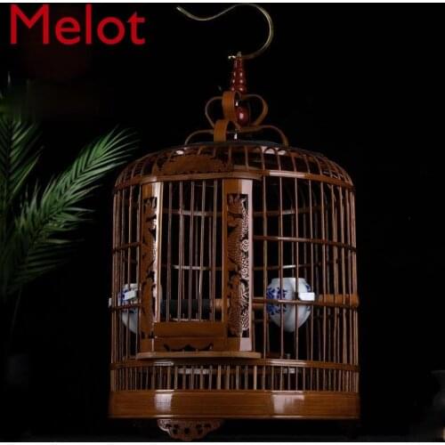 High-End Bird Cage Chinese Traditional Hand Carved Hollow Bird Cage Full Set Boutique Bamboo Large Carved Bird Cage