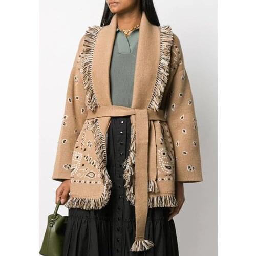 Jastie Retro Bandana Cashmere Cardigan Jacket Women Tassel Lapel Belt Long Sleeve Autumn Winter Sweater Overcoat Fashion 2021