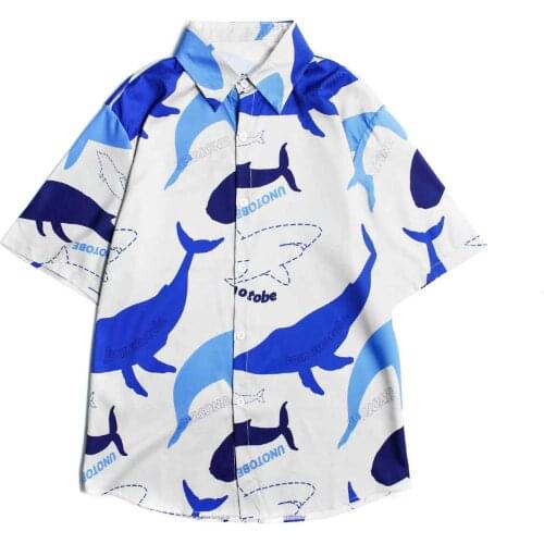 Retro Womens Short-Sleeved Shirt Summer Loose Fun Whale Print Shirt Mens Trend Casual Harajuku Style Short-Sleeved Shirt Shirt