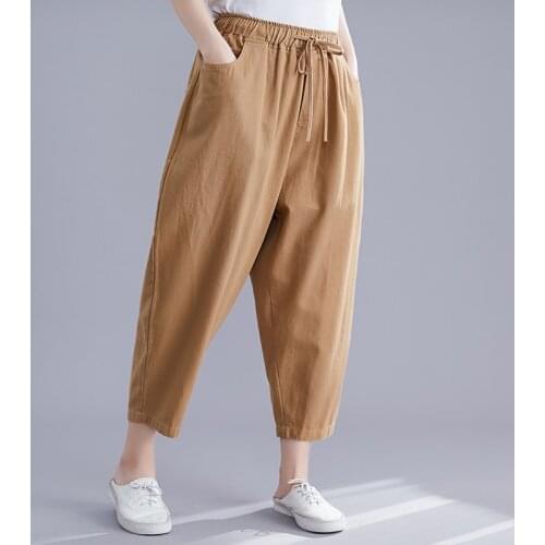 Women Cotton Linen Casual Ankle-length Pants New 2021 Spring Simple Style Solid Color Loose Female High Waist Harem Pants S3706