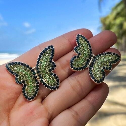 Exquisite Full Rhinestone Blue Green Crystal Butterfly Stud Earrings for Women Girl Charm Insect Earring Statement Jewelry Gift