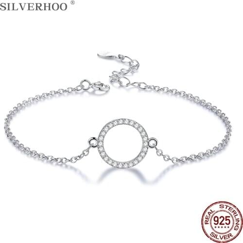 SILVERHOO Genuine 925 Sterling Silver Bracelet For Women Shiny Cubic Zirconia Circle Charm Bracelets Chain Link Silver Jewelry