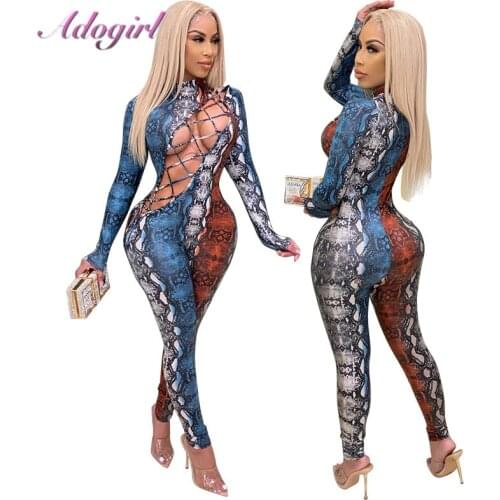 Sexy Snake Print Hollow Out Bandage Night Party Clubwear Skinny Jumpsuit Women Long Sleeve Outfit High Street Rompers Overalls