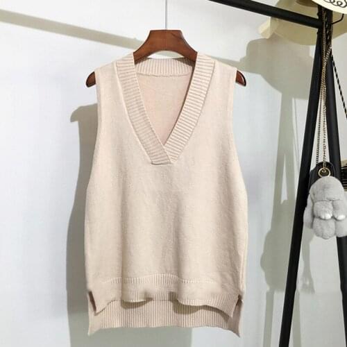 Women Autumn Solid V-Neck Knitted Sweater Vest Sweet Loose Korean Pullovers Oversized Sleeveless Sueter Vest Tops Female