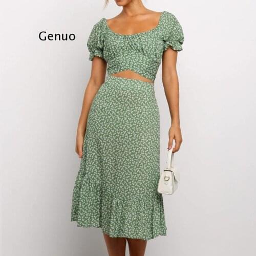 Vestidos Vintage Ruffles Print Puff Sleeve summer Beach sweet dresses Casual Square collar floral maxi long dress two piece