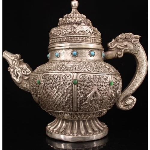 12"Chinese temple collection Old Bronze Gilt silver mosaic gem auspicious eight treasures Butter teapot flagon kettle Town House