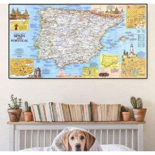 225*150cm 1984 Spain And Portugal Retro Map Non-woven Canvas Painting Wall Art Poster And Prints Living Room Home Decoration