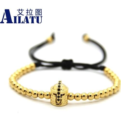 Ailatu Fashion Jewelry Braided Macrame Bracelet 4mm Bronze Beads Weave Cubic Zirconia Double-face Spartan Helmet