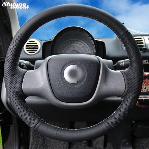 Shining wheat Hand-stitched Black Genuine Leather Car Steering Wheel Cover for Smart Fortwo