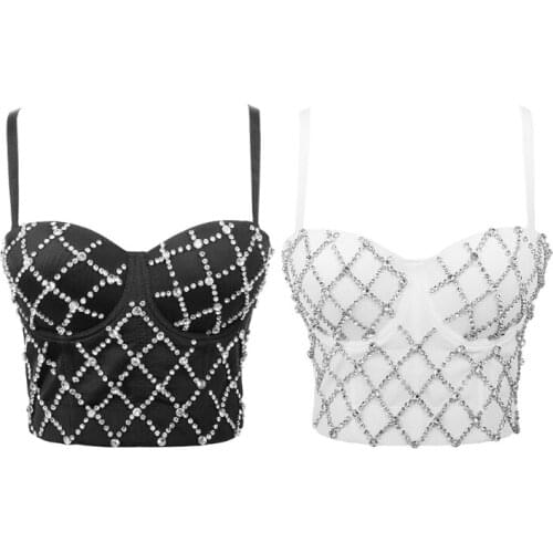 Women Sexy Sleeveless Bustier Bra Criss Cross Rhinestone Corset Cropped Camisole