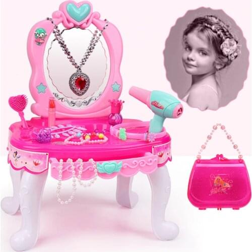 Girls Make Up Table Toy Kids Dress Up Cosmetic Playset Dresser Table Suit Comb Ring Lipstick Headwire Perfume Toys