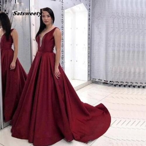 Satsweety Elegant Robe de soiree 2020 Sexy Backless Evening Dress For Party Gown Burgundy Long Train Evening Dress Custom Made
