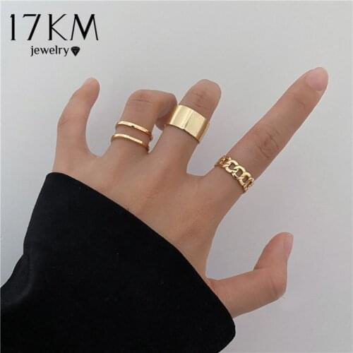 17KM Vintage Crystal Rings Set For Women Girls Gold Metal Hollow Round Chain Opening Women Finger Ring Party Wedding Jewelry