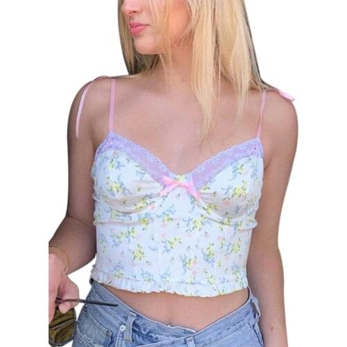 Girls Summer Sexy V-Neck Close Fitting Vest Womens Sweet Lace Patchwork Floral Print Sleeveless Backless Top Homewear