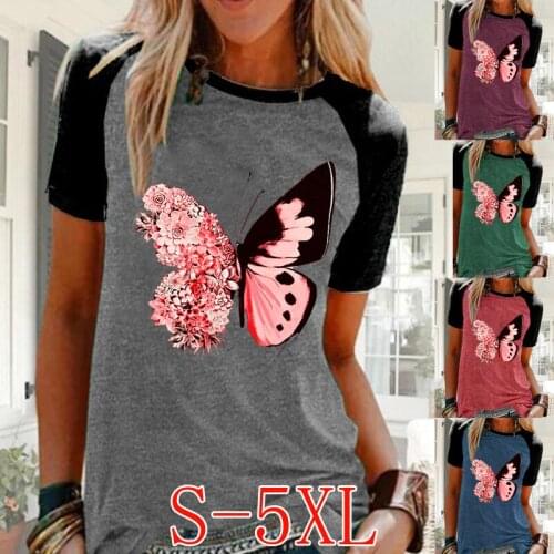 New Fashion Women Summer Loose Round Neck Short Sleeve Casual Graphic Shirts & Tops Color Block Blouse Plus Size