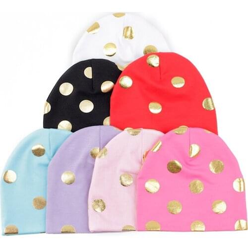 Autumn and Winter Newborn Sweet Gold Dot Baby Girls Bonnet Hats with Candy Color Baby Turban Caps Elastic Caps for Baby Girls