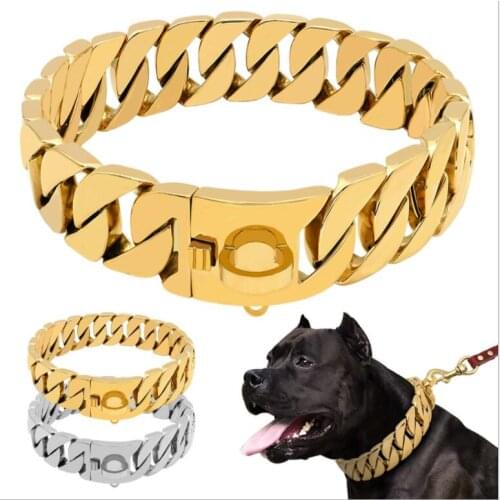 32mm Stainless Steel Dog Collar Necklace Golden Large dog chain collar buckle strong and durable Silver Gold Bulldog
