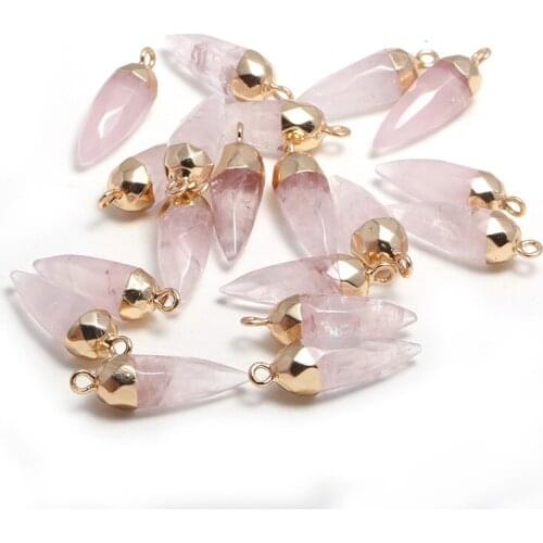 Natural Stone Pink Quartz Pendant Goldtone Coated Crystal Facted Pointed Shape Charm Necklace