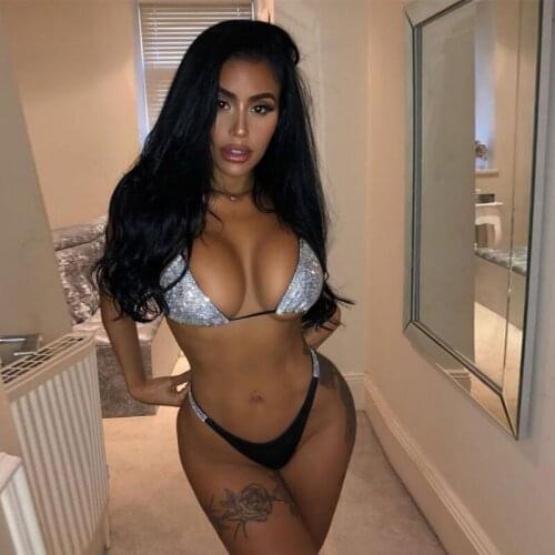 Luxury Silver Rhinestone Two Pieces Set Rompers Women 2019 Summer Beach Wear Sexy Bandage Club Stage Show Diamond Bodysuits Set