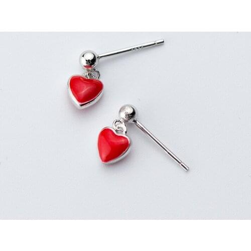 Daisies Real 925 Sterling Silver Cute Drop Red Enamel Heart Stud Earrings For Women Girls Wedding Party Fashion Jewelry