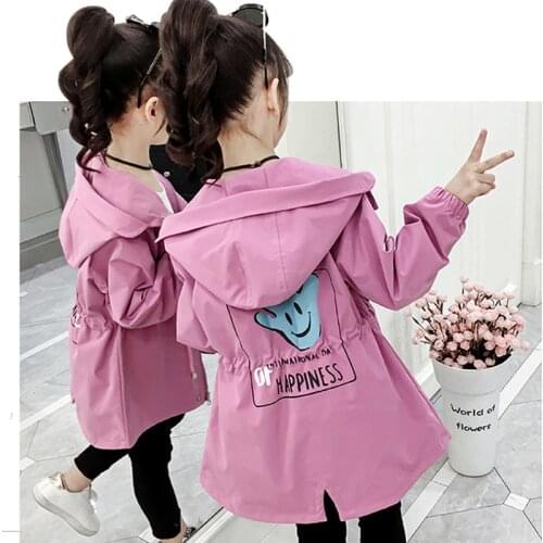 Letter Baby Girls Trench Coat Spring Autumn Kids Hooded Jacket Children Cloth Print Outwear Coat Kids Baby Casual Clothes 2-12Y