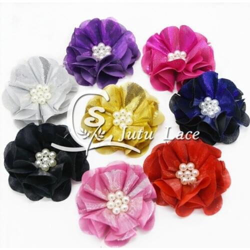 30 pcs/lot , 2.5'' shiny pearl flower , shabby shiny flower with pearl for apparel hair accessories headwear