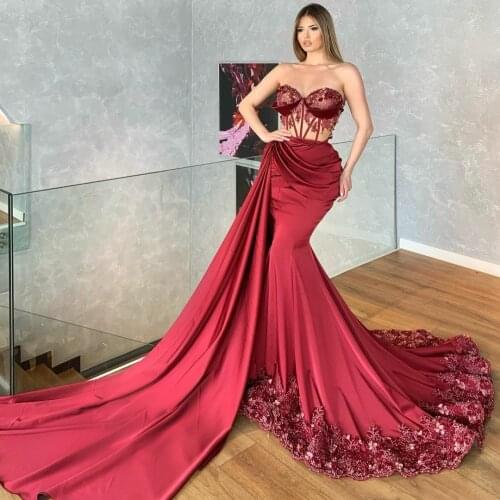 2021 Burgundy Mermaid Evening Dresses with Overskirt Sweetheart Illusion Top Lace Appliqued Prom Party Gowns vestido de novia
