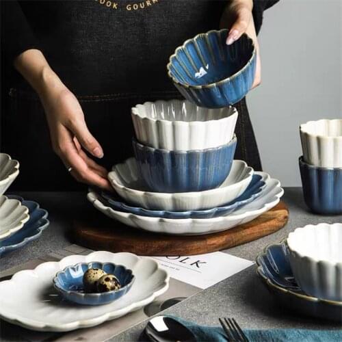 Japanese Ceramic White/Blue Glaze Dinner Steak Plate Serving Dishes Rice Noodle Bowl Sauce Dish Microwave Safe Retro Dinnerware