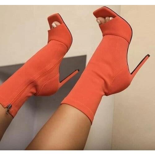 Womens Orange Heels Boots Sexy Super Thin High Heels Shoes Peep Toe Ankle Boots Stilettos Shoes Fashion Female Summer Boots