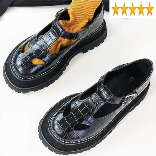 Out Summer Black Platform Hollow Vintage Mary Janes Shoes Woman High Quality Round Toe Thick Sole Preppy Sandales Femme 2021
