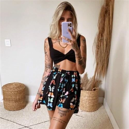 2021 New Two Piece Set Women Summer Butterfly Print Short Sets Crop Tank Tops and Loose Shorts Beach Casual 2Pcs Set Female