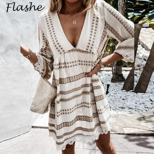 2021 Summer Long Sleeve Shirt Dress Women V Neck Print Loose Beach Casual Party Dress Boho Vintage Short Dresses Female