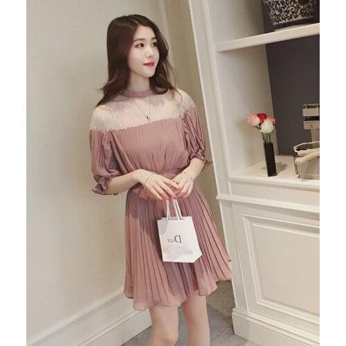 2017Spring Women dress Elegant Sweet o neck Elastic waist Chiffon Dresses Vestidos