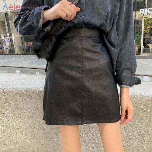 Aelegantmis A Line PU Leather Moto Mini Skirt for Women Black High Waisted Short Faux Leather Skirts High Quality Fashion Skirts