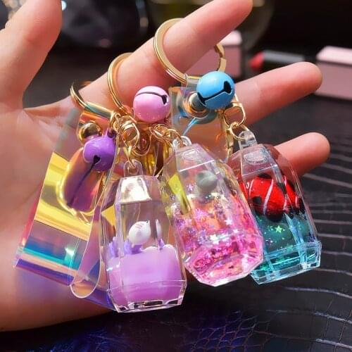 New Cartoon Cat Bear Keychain Mini Milk Tea Cup Liquid Quicksand Sequin Key Ring Bag Car Pendant Keyfob For Women Couple