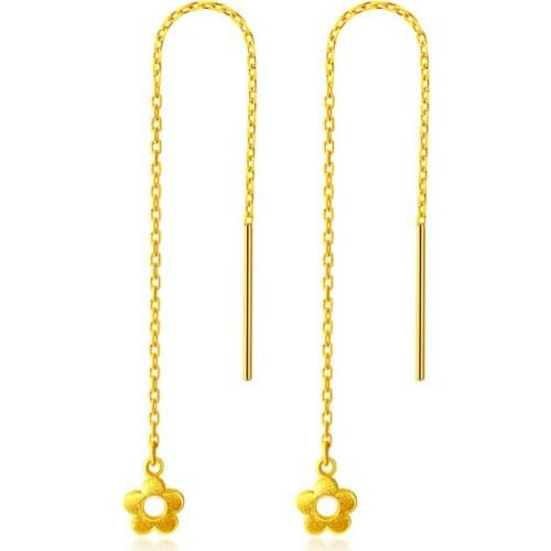 Pure 24K Yellow Gold Earrings Women Flower 999 Gold Flower Dangle Earrings