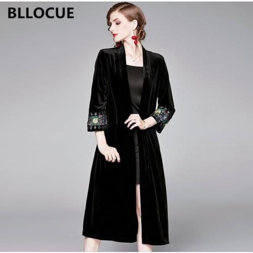 BLLOCUE 2019 Elegant Palace Embroidery Windbreaker Overcoat Women Autumn Winter black Velvet Long Cardigan Coat