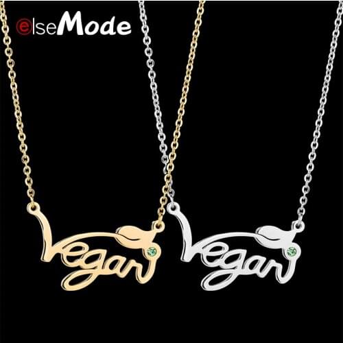 ELSEMODE Rose Gold Hollow Vegan Pendant Necklaces for Women Vegetarian 316L Stainless Steel Rhinestone Letters Jewelry