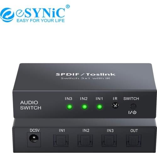 ESYNiC 3 Port Digital Optical Audio Switcher 3x1 Toslink Switcher SPDIF Toslink Switch Box DAC Converter With IR Remote Control
