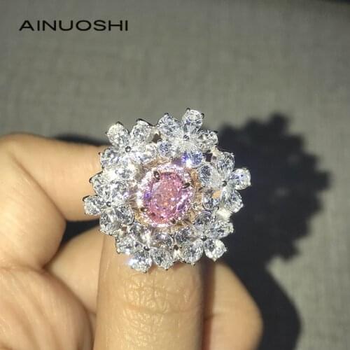 AINUOSHI 14K/18K White & Rose Gold Two-Tone 6X7.5mm 1.17ct Oval Cut Pink AINUOSHI Stone Halo Flower Rings for Women Party Ring