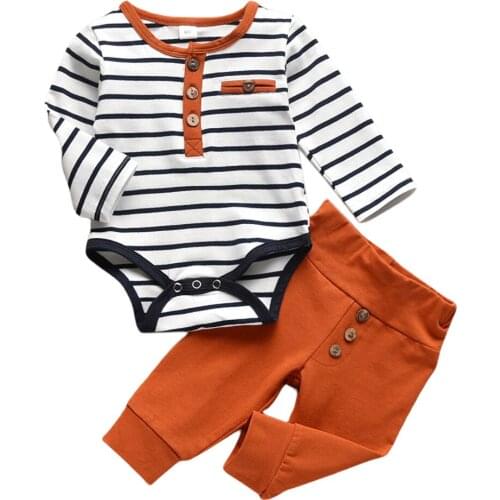 Infant Cute Baby Boys Girls Simple Long Sleeves Round Collar Striped Print Jacket + Trousers 2Pcs Instagramable Set 0-18M