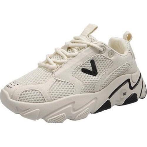 New ladies sneakers fashion leather mesh stitching lace-up thick-soled non-slip lightweight comfortable casual shoes women