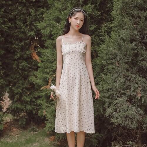 2021 Summer Floral Dress, Ruffled Pleated Sling, Small Fresh French Womens Clothing, Waist Slimming, Casual Korean Style Básic