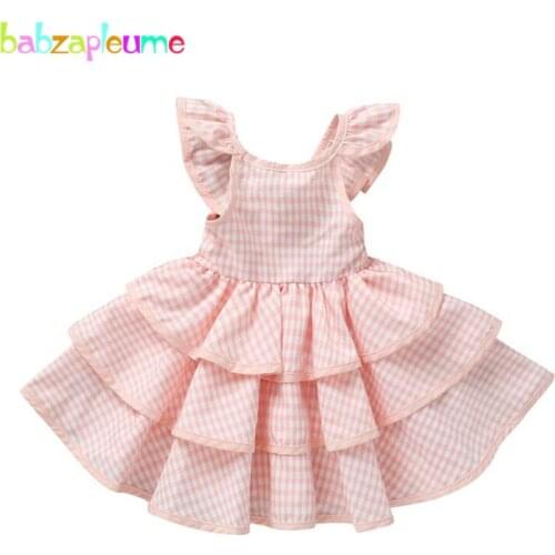 Summer Clothing Korean Baby Girls Dresses Cute Plaid Cotton Tiered Sleeveless Pink Princess Kids Dress Children Clothes BC1877