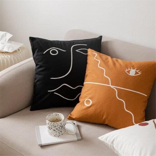 Nordic Abstract Face Embroidered Cushion Cover 100% Cotton Yellow Black Pillow Cover Decorative Pillows for Sofa Seat Home Decor