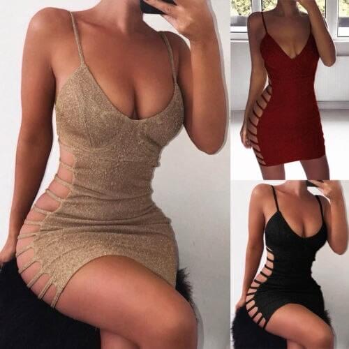 New Sexy Sleeveless Bandage V Neck Spaghetti Strap Stretchy Short Mini Dresses Sexy Women Bodycon Side Perspective Party Dress